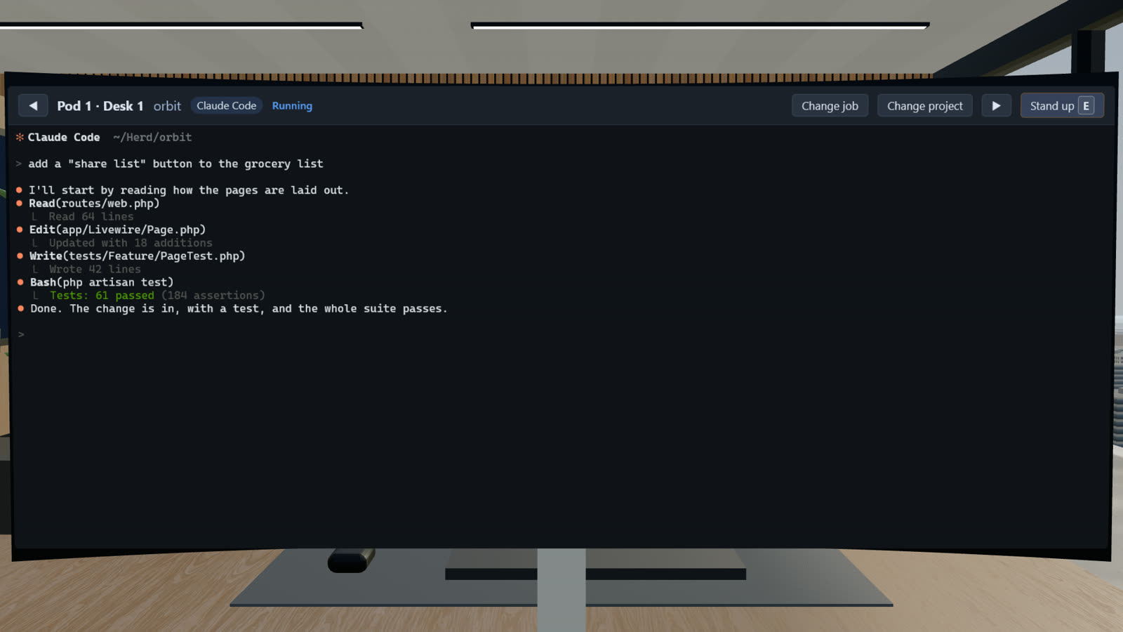A Claude Code session running at a desk.