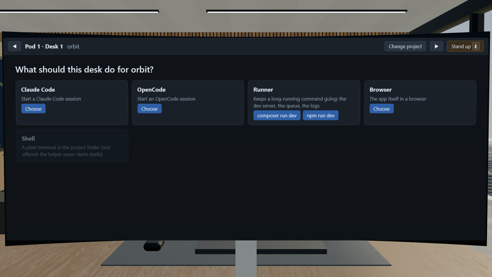 Each desk takes a job: Claude Code, OpenCode, a runner or a browser.
