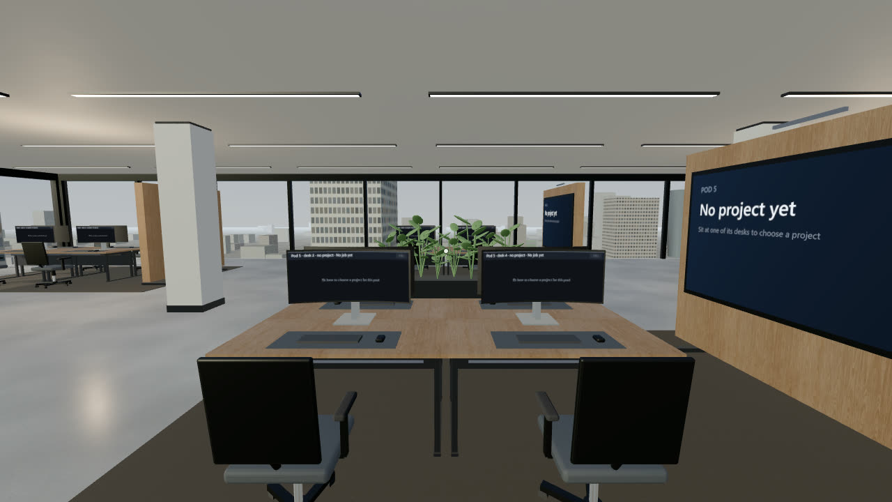 The office floor: each pod of desks works on one project.